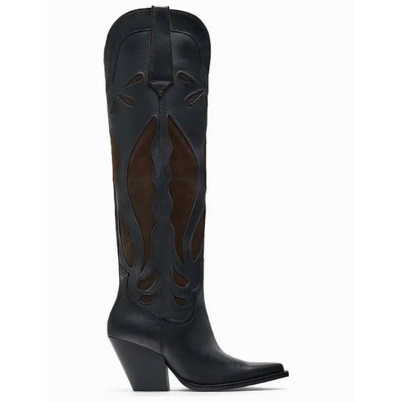 NEW ZARA BLACK BROWN LEATHER SUEDE COWBOY BOOTS SZ 39 8 8.5 - Picture 5 of 16